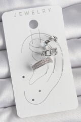 Pirinç Gümüş Renk Zirkon Taşlı 3'Lü Zincir Sarmal Model Kadın Kıkırdak Küpe - TJ-BKP10565