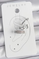 Pirinç Gümüş Renk Zirkon Taşlı 3'Lü Model Kare Bambu Model Kadın Kıkırdak Küpe - TJ-BKP10567