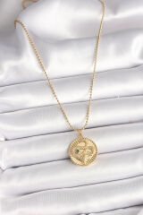 316L Çelik Gold Renk Topçuk Zincir Yılan İşlemeli Zirkon Taş Detaylı Madalyon Model Kadın Kolye - TJ-BKO9844