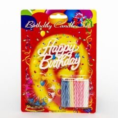 Rengarenk Mumlu Beyaz Happy Birthday Yazılı Doğum Günü Mumu 12 Adet (4944)