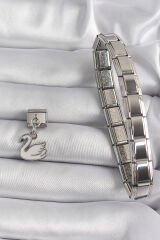 316L Çelik Gümüş Renk Sallantı Beyaz Kuğu Model Nomination Charm - TJ-BC1160