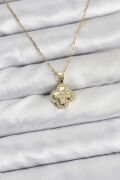 316L Çelik Zincir Gold Renk Zirkon Taşlı Yonca Model Kadın Kolye - TJ-BKO10767