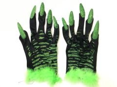 Yeşil Otrişli Cadılar Bayramı Tırnaklı Eldiven 1 Çift