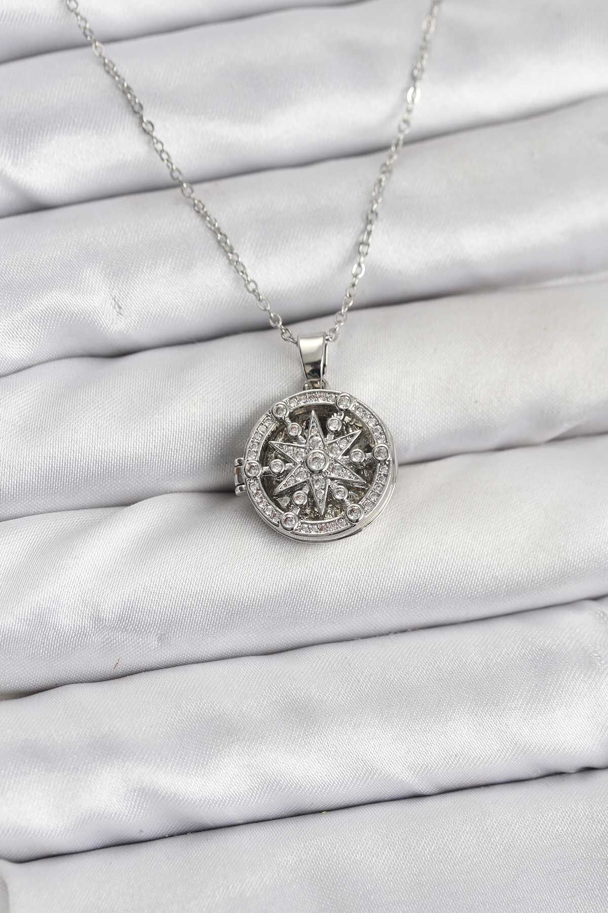 316L Çelik Zincir Gümüş Renk Kutup Yıldızı Kapaklı Model Kadın Kolye - TJ-BKO10774