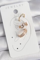 Pirinç Gold Renk Kare Model Zirkon Taşlı 3'Lü Model Kadın Kıkırdak Küpe - TJ-BKP10587