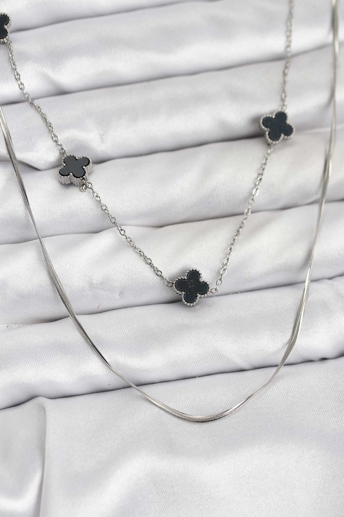 316L Çelik Zincir Gümüş Renk İtalyan Zincirli Siyah Yonca Model Kadın Kolye - TJ-BKO10781