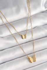 316L Çelik Gold Renk 2'Li Simli Kelebek Model Kadın Kolye - TJ-BKO9928