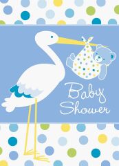 Baby Boy Stork Temalı Mavi Renk Baby Shower Davetiye 8 Adet (4944)