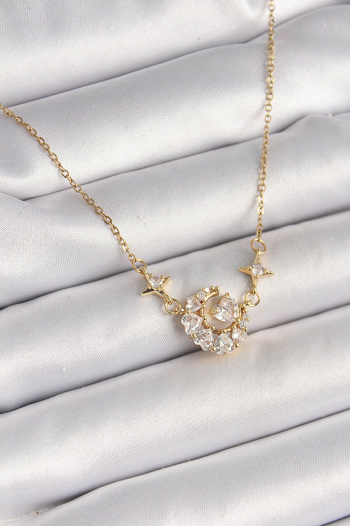 316L Çelik Gold Renk Zirkon Taşlı Hilal Kalp Model Kadın Kolye - TJ-BKO9931