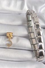 316L Çelik Gold Renk Zirkon Taşlı Hilal Model Kedi Detay Nomination Charm - TJ-BC1184