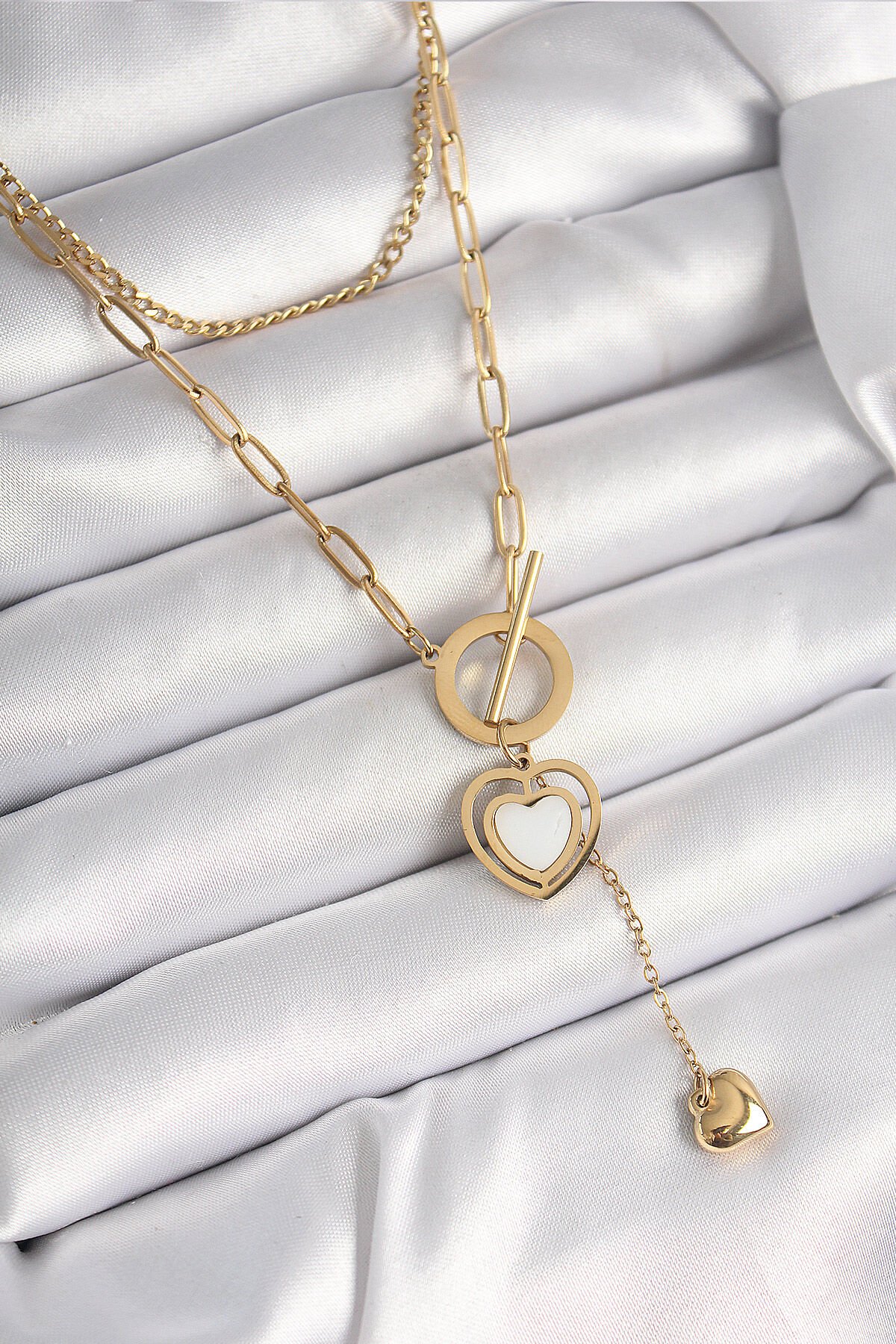 316L Çelik Gold Renk 2'Li Zincir Model Sallantı Detay Kadın Kolye - TJ-BKO9936