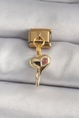 316L Çelik Gold Renk Sallantı Eriyen Kalp Model Pembe Zirkon Taş Detaylı Nomination Charm - TJ-BC1189
