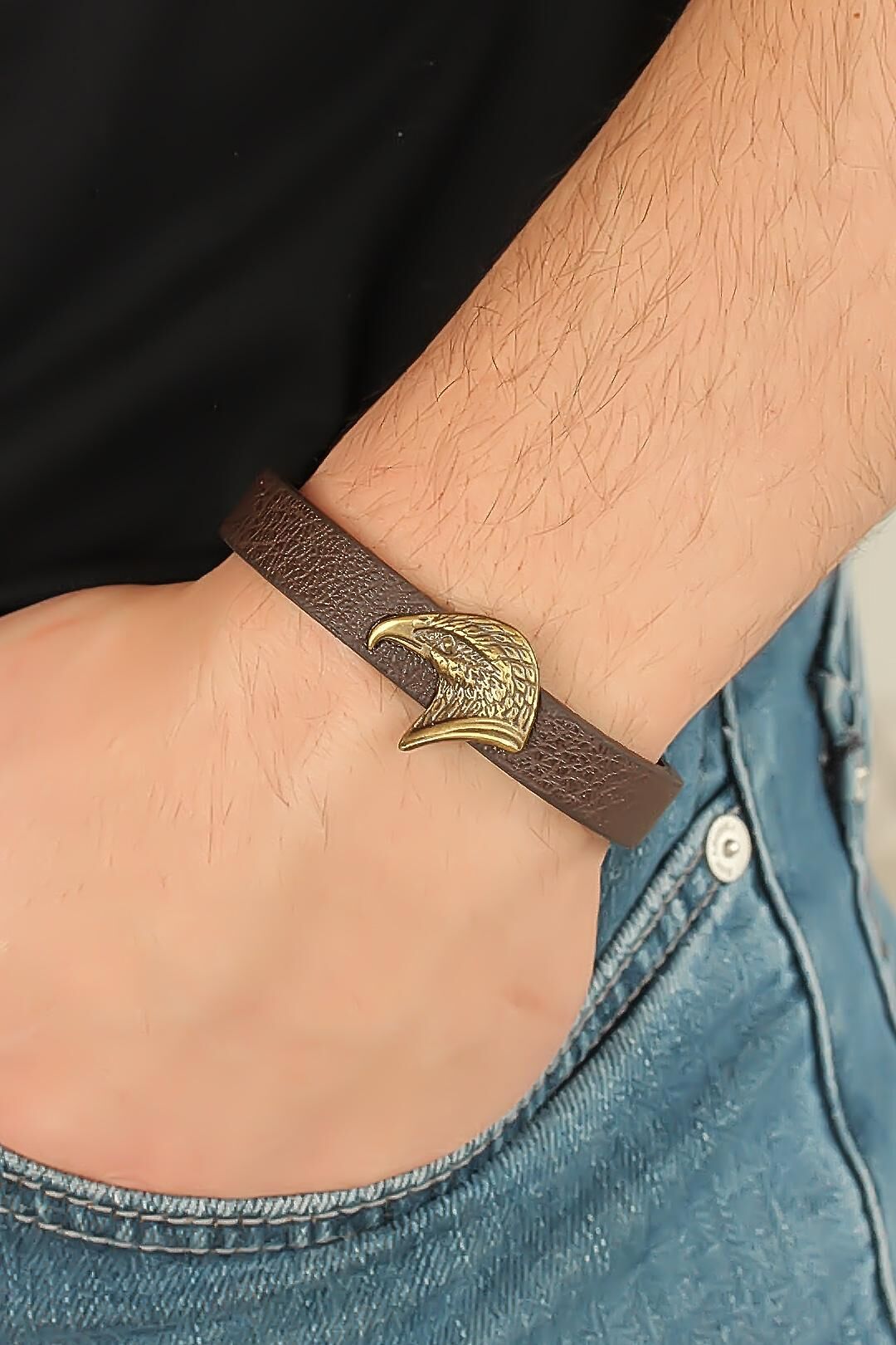 Eskitme Renk Metal Kartal Aksesuarlı Kahverengi Deri Erkek Bileklik - TJ-EB2091-KS