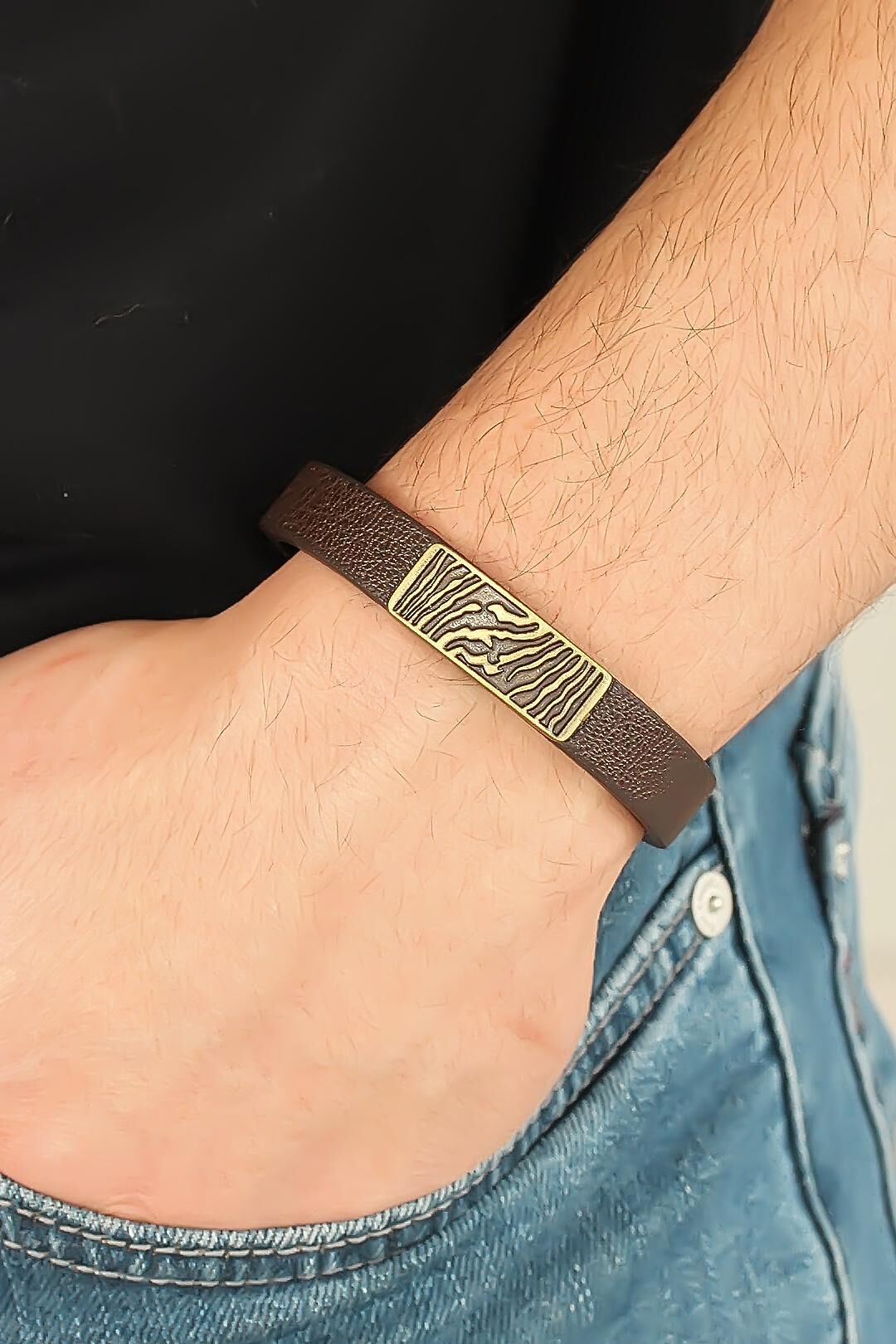 Eskitme Metal Zebra Aksesuarlı Kahverengi Deri Erkek Bileklik - TJ-EB2068-KS