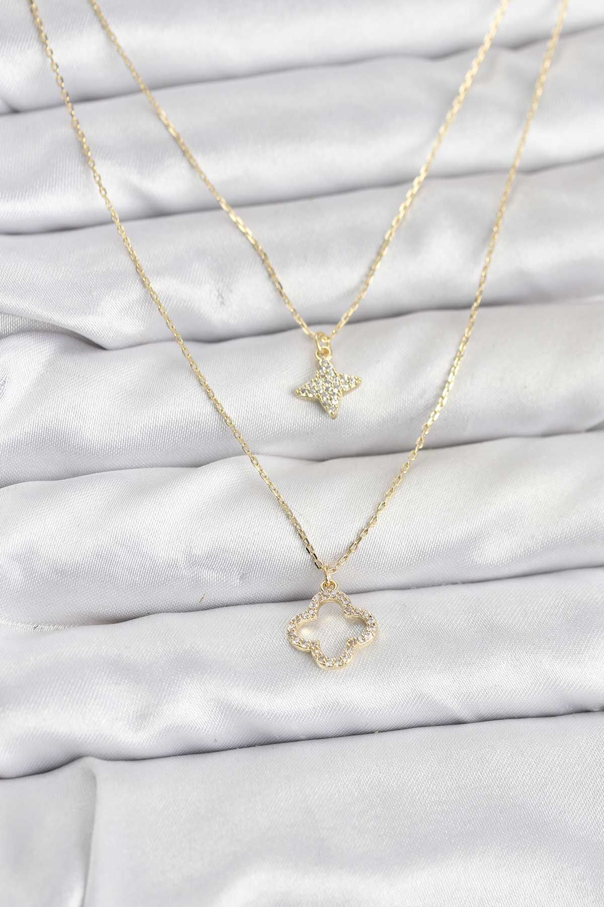 Pirinç Gold Renk Yonca Model 2'li Kadın Kolye - TJ-BKO10801