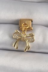 316L Çelik Gold Renk Sallantı Zirkon Taşlı Fiyonk Model Nomination Charm - TJ-BC1200