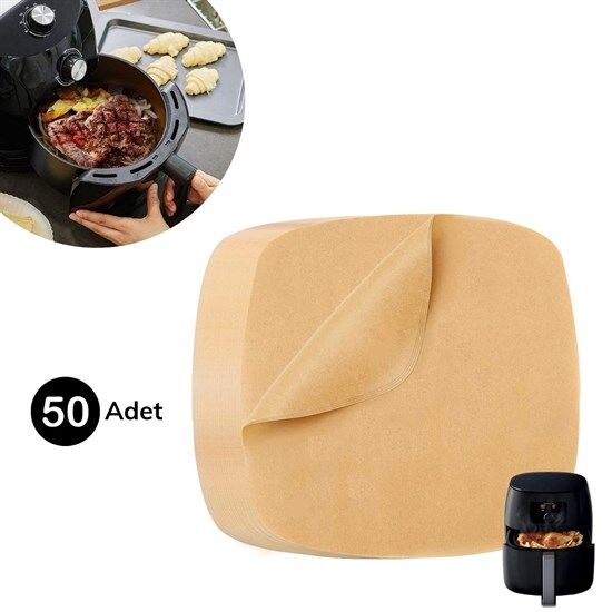 50 Adet Air Fryer Pişirme Kağıdı Tek Kullanımlık Yağ Su Geçirmez Yapışmaz Deliksiz Düz Kare Model (4944)