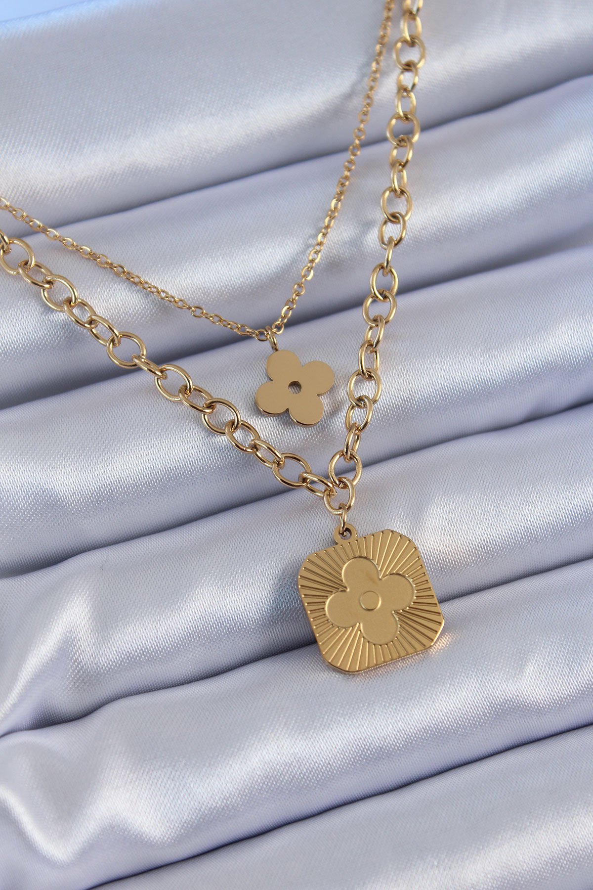 316L Çelik Gold Renk 2'li Zincir Yonca Model Kadın Kolye - TJ-BKO7602