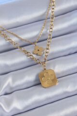 316L Çelik Gold Renk 2'li Zincir Yonca Model Kadın Kolye - TJ-BKO7602
