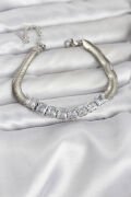 316L Çelik Gümüş Renk Kare Zirkon Taşlı Yılan Zincirli Kadın Bileklik - TJ-BB8153