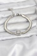 316L Çelik Gümüş Renk Baget Zirkon Taşlı Yılan Zincirli Kadın Bileklik - TJ-BB8155