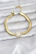 316L Çelik Gold Renk Beyaz Yonca Model Zirkon Taşlı Yılan Zincirli Kadın Bileklik - TJ-BB8157