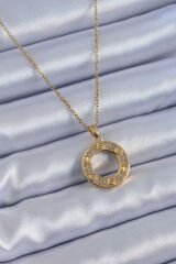 316L Çelik Gold Renk Zirkon Taşlı Model Kadın Kolye - TJ-BKO7621