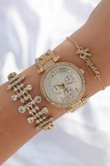 Altın Renk Roma Rakamlı Zirkon Taşlı Kadın Saat ve Bileklik Kombini - TJ-BK3801