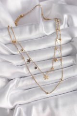316L Çelik Gold Renk Zincir 2'Li Yıldız Model Topçuk Detay Kadın Kolye - TJ-BKO9476