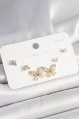 925 Ayar Çivi Gümüş Pirinç Gold Renk Zirkon Taşlı Kelebek Model Kadın Küpe Seti - TJ-BKP10395
