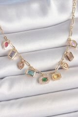 Sıralı Karışık Renk Zirkon Taşlı Gold Pirinç Kolye - TJ-BKO10221