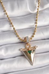 316L Çelik Gold Renk Topçuk Zincir Zirkon Taşlı 3D Üçgen Model Kadın Kolye - TJ-BKO9482