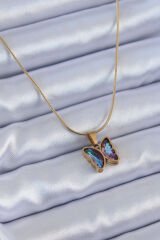 316L Çelik Gold Renk Mor Kristal Taşlı Kelebek Model Kadın Kolye - TJ-BKO7641