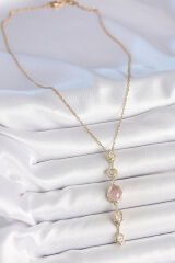 316L Çelik Zincir Gold Renk Pembe Zirkon Taşlı Y Kolye - TJ-BKO10226