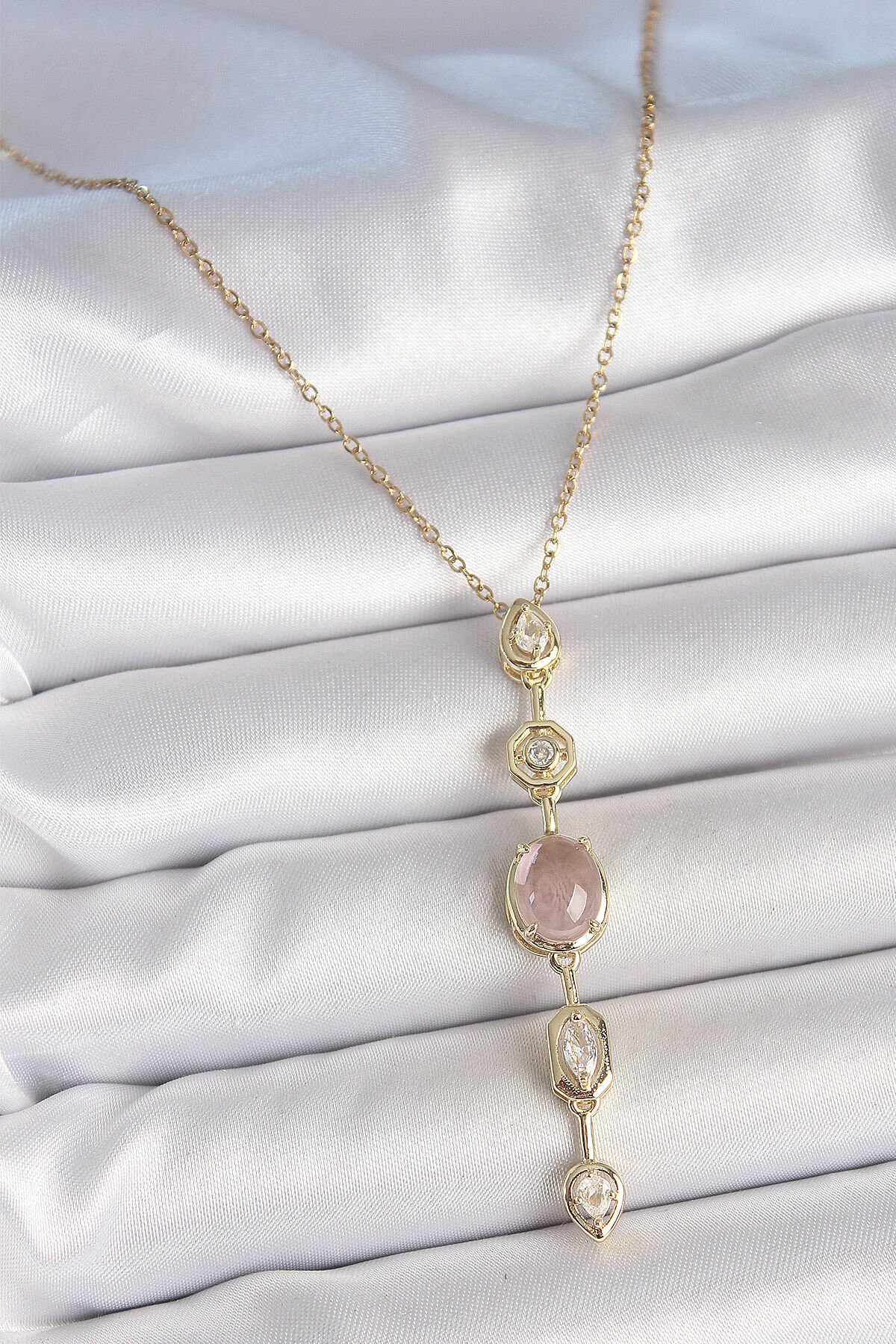 316L Çelik Zincir Gold Renk Pembe Zirkon Taşlı Y Kolye - TJ-BKO10226