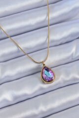 316L Çelik Gold Renk Damla Kristal Taş Model Kadın Kolye - TJ-BKO7643