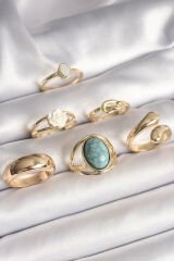 Pirinç Gold Renk Beyaz Gül Figürlü Düğüm Detay 6'Lı Kadın Yüzük Seti - TJ-BYK3634