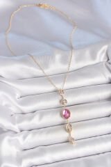 Pirinç Zincir Gold Renk Pembe Zirkon Taşlı Y Kolye - TJ-BKO10228