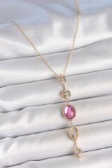 Pirinç Zincir Gold Renk Pembe Zirkon Taşlı Y Kolye - TJ-BKO10228