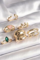 Pirinç Gold Renk Pembe Mineli Kalp Figür Yeşil Zirkon Taşlı 6'Lı Kadın Küpe Seti - TJ-BYK3636