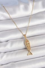 316L Çelik Zincir Gold Renk Zirkon Taşlı Balık Figürlü Kolye - TJ-BKO10234