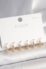925 Ayar Gümüş Çivi Pirinç Gold Renk Kalp İşlemeli Halka Model Kadın Küpe Seti - TJ-BKP10413