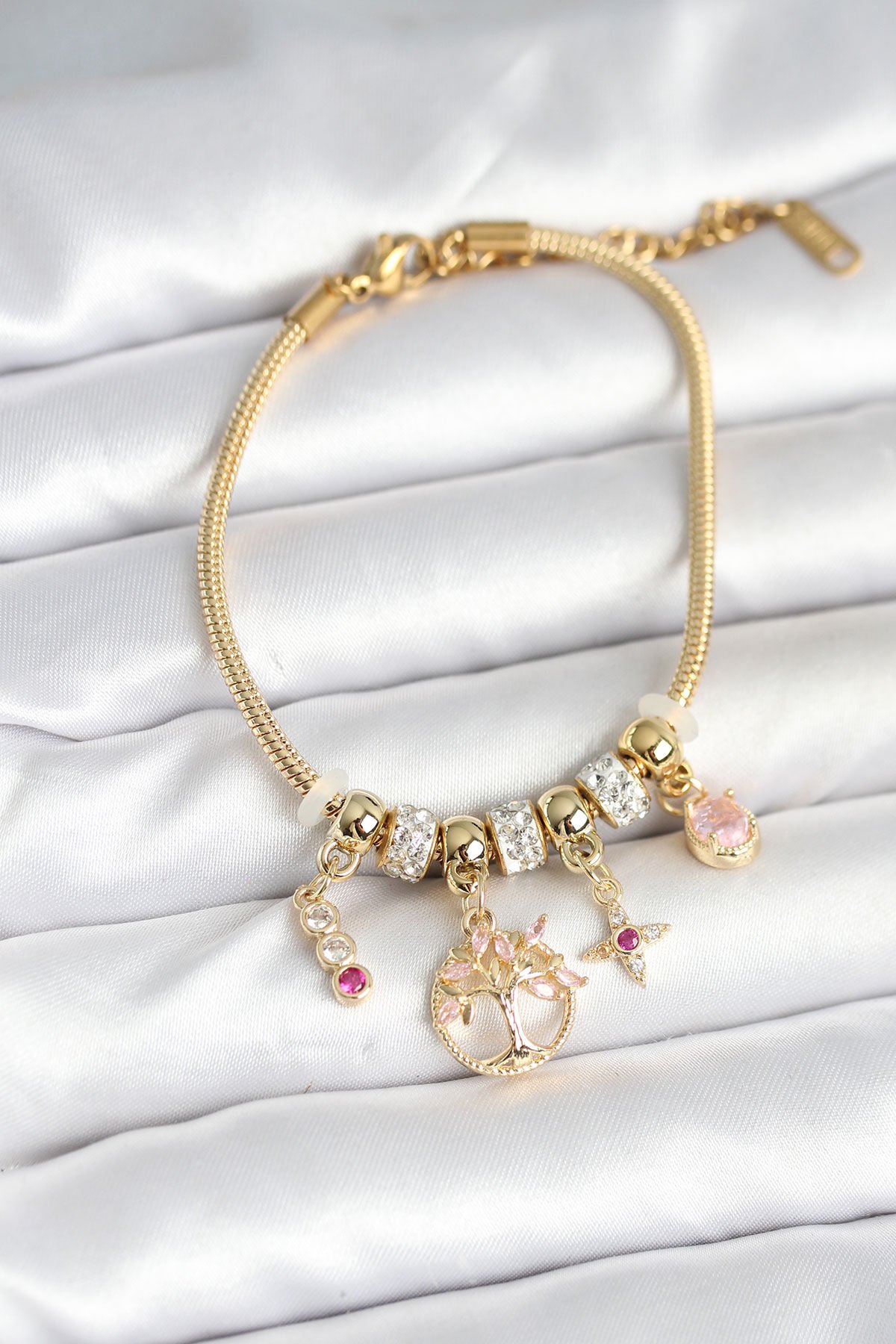 Pirinç Gold Renk Yaşam Ağacı Charmlı Kadın Bileklik - TJ-BB7989