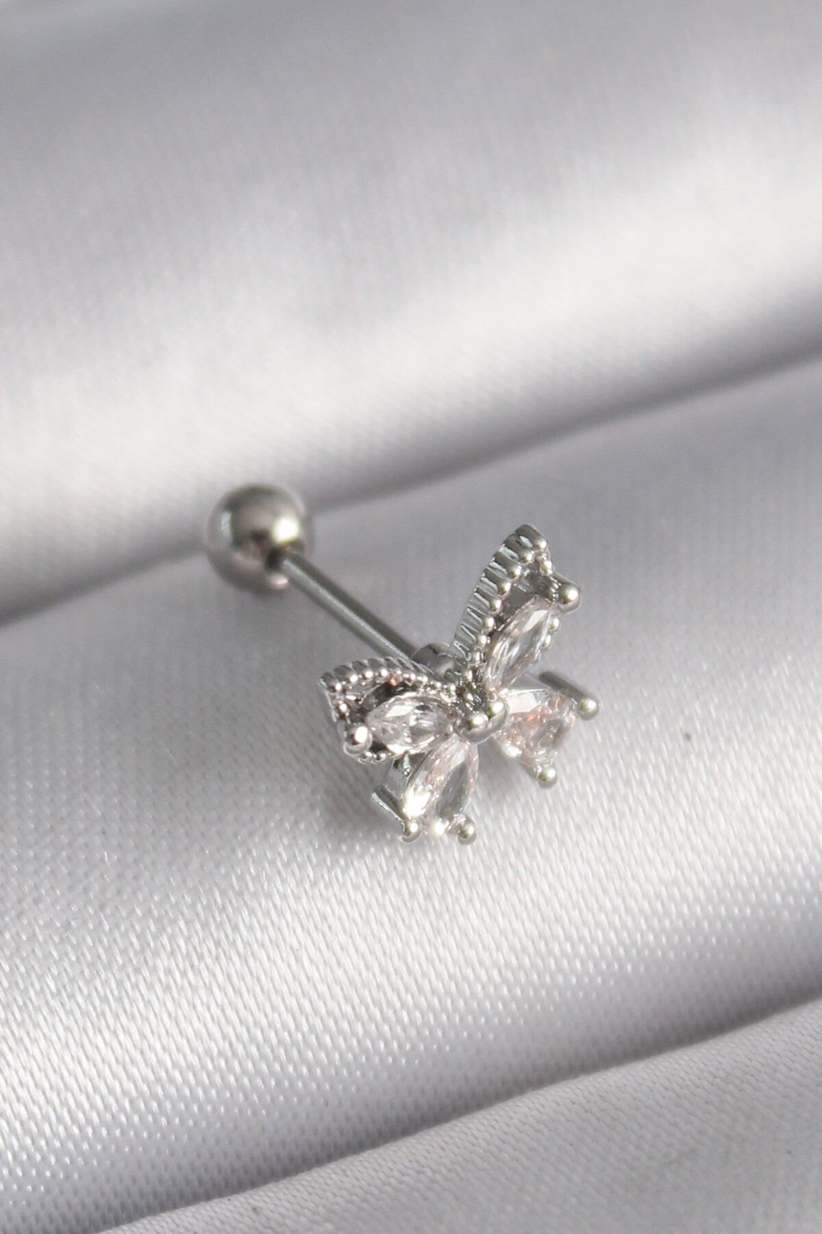 316L Çelik Gümüş Renk Zirkon Taşlı Kelebek Tragus Piercing - TJ-PR1233