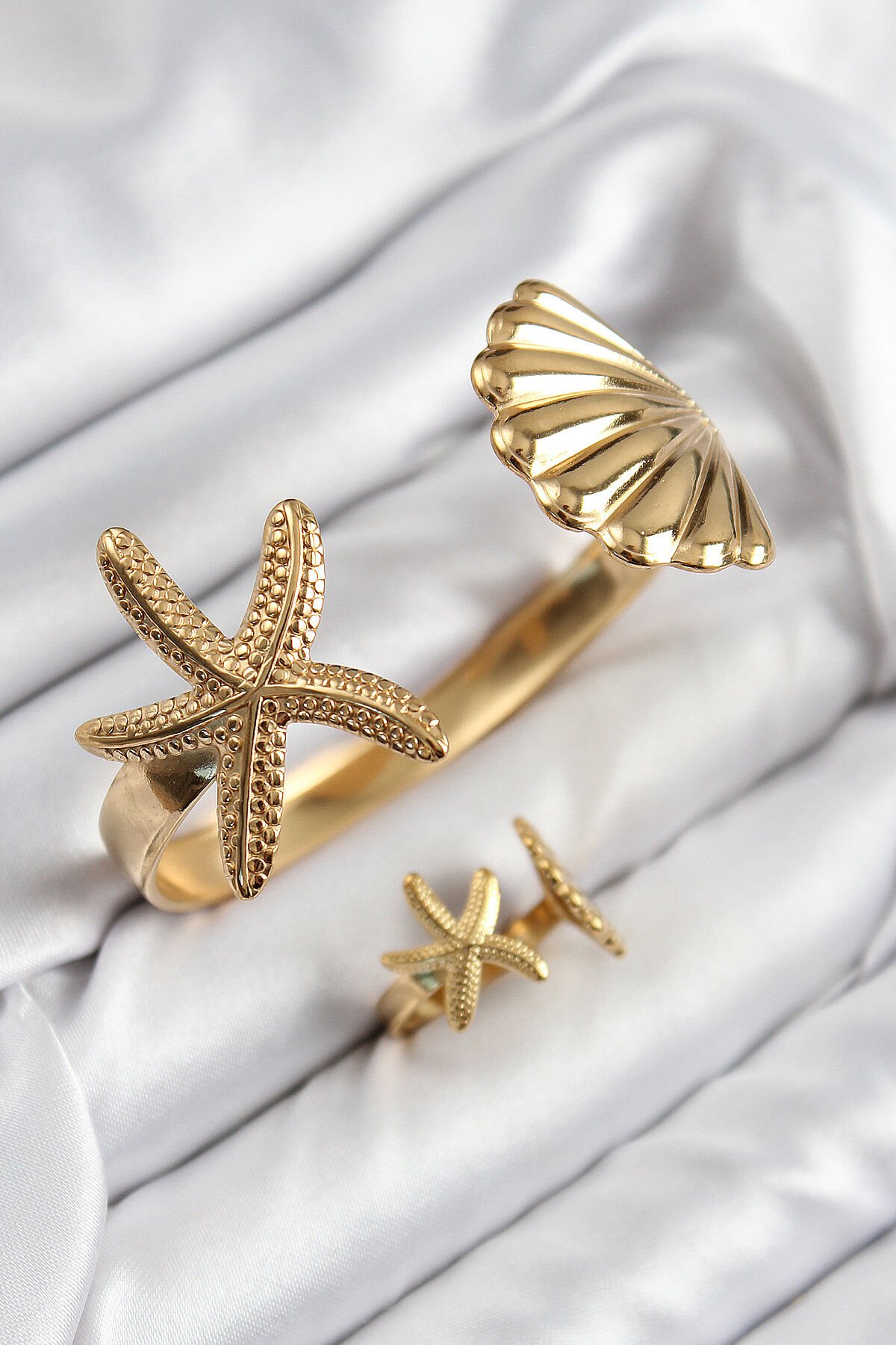 Pirinç İstiridye Ve Deniz Yıldızı Model Gold Renk Bileklik Yüzük Set - TJ-BB7601