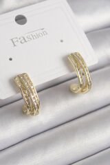 Pirinç Gold Renk Zirkon Taşlı Yarım Halka Model Kadın Küpe - TJ-BKP9977