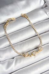 Pirinç Sıralı Kalp Figürlü Zirkon Taşlı Gold Renk Kadın Bileklik - TJ-BB6981