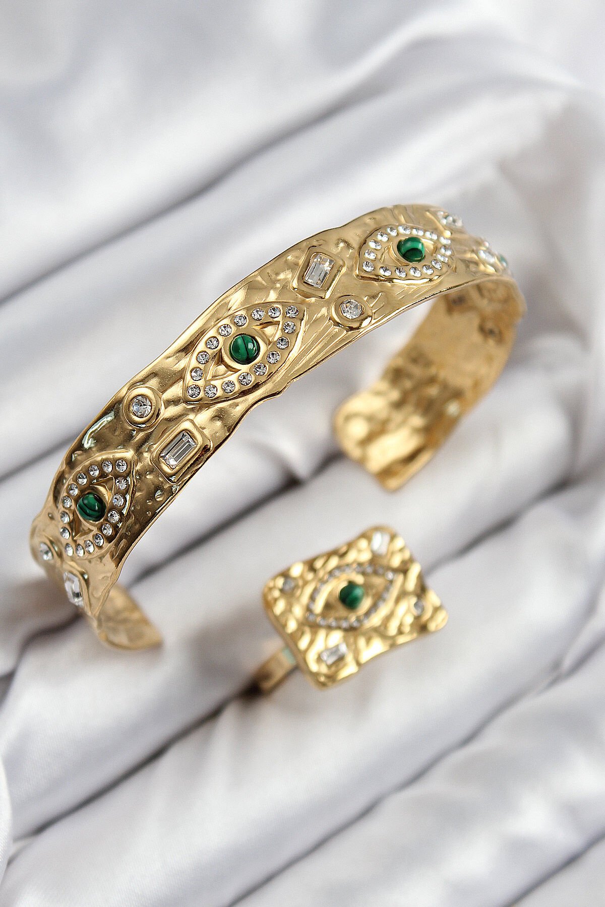 Pirinç Zirkon Taşlı Göz Model Gold Renk Bileklik Yüzük Set - TJ-BB7608