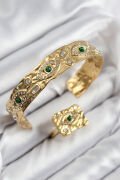Pirinç Zirkon Taşlı Göz Model Gold Renk Bileklik Yüzük Set - TJ-BB7608
