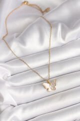 316L Çelik Gold Renk Zincir Zirkon Taşlı Beyaz Mineli Kelebek Model Kadın Kolye - TJ-BKO9940
